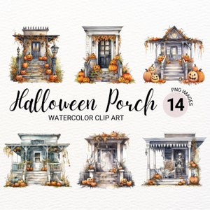 Halloween Porch Clipart Bundle | Watercolor Haunted Mansion PNG | Spooky Collage Images | Digital Planner | Paper Craft | Pumpkin Clipart