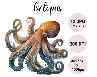 Octopus Watercolor Clipart | Sea Life Octopus JPG | Kawaii Clipart Bundle | Junk Journal | Digital Paper Craft | Instant Download