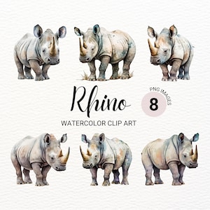 Rhino Clipart | Watercolor Rhino PNG | Safari Animals Clipart Bundle | Junk Journal | Nursery Wall Art | Digital Planner | Paper Craft