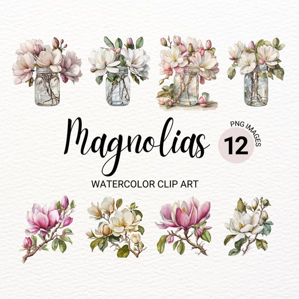 Spring Magnolias PNG | Watercolor Magnolia Clipart Bundle | Magnolia Tree | Flowers Clipart | Floral PNG | Junk Journal | Digital Planner