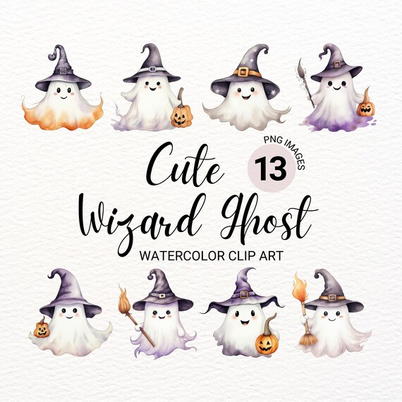Cute Wizard Ghost Clipart | Watercolor Ghost PNG | Spooky Collage Images | Halloween Junk Journal | Digital Planner | Paper Craft