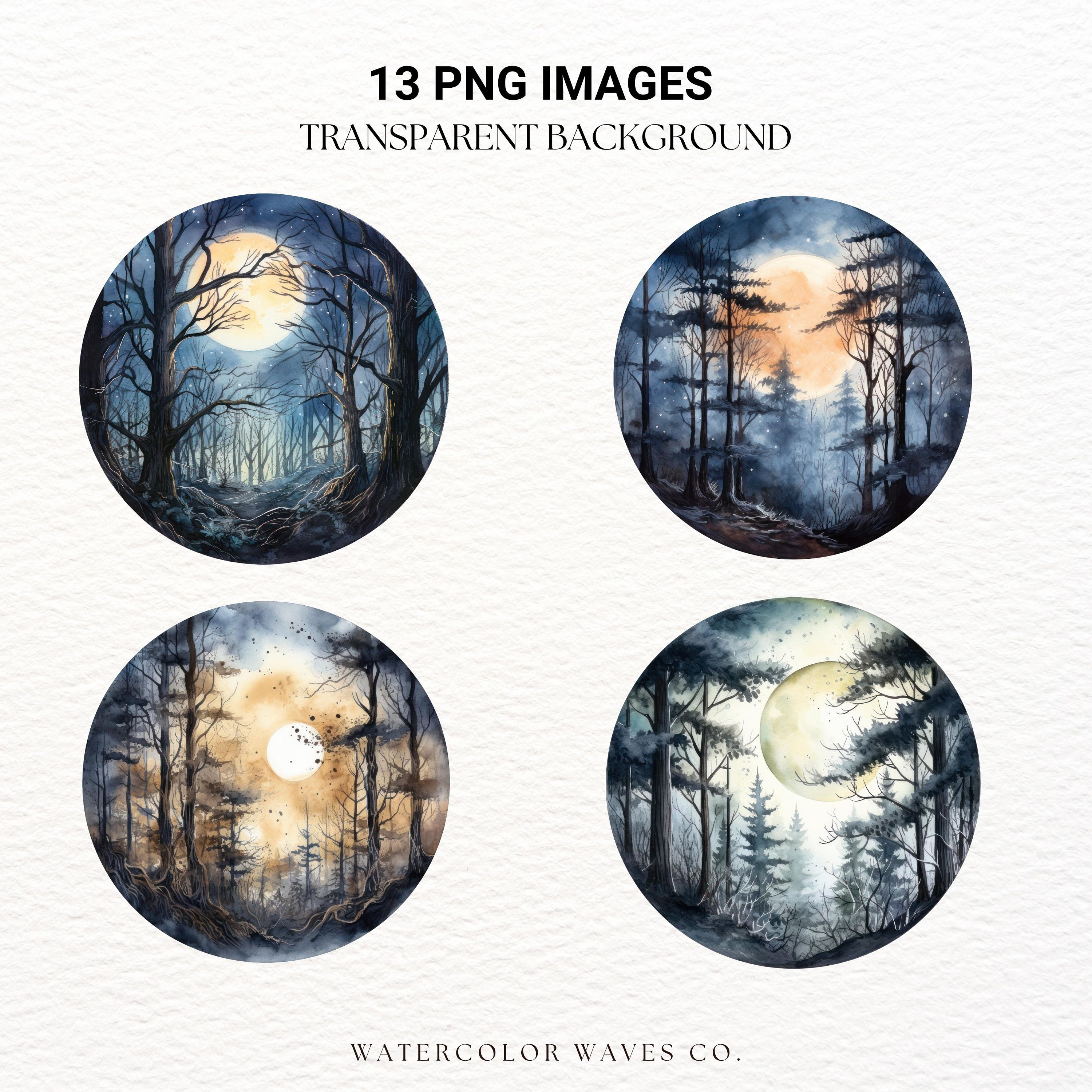 Full Moon Forest Clipart Watercolor Halloween PNG Digital - Etsy