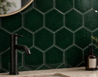 Emerald Green Hexagon Tile, Handmade Ceramic Wall Tile 10x10 cm, Glossy Bathroom Kitchen Backsplash, Decorative Mosaic Tile 1m2