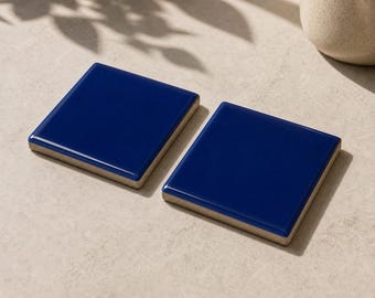 Cobalt Blue Ceramic Mosaic Tile Sheets, Set of 4 Mesh Mounted Handmade 5x5 cm Glossy Square Wall Tiles