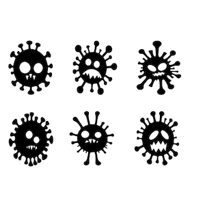 May include: Six black and white cartoon virus illustrations with different facial expressions. Each virus has a round head with a toothy grin and two eyes.