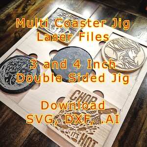 Gabarito para porta-copos de dupla face de 4" + 3" cortado a laser | Redondo, quadrado e dupla face | Slots e guias seguros | CO2, fibra, diodo | Glowforge | SVG DXF AI