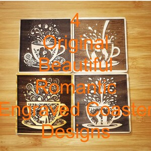 Posavasos románticos SVG para café, ¡archivos láser! ¡4 diseños originales! Amantes de la crema de café chapoteando en la taza - Descarga digital en formato AI, PNG y DXF