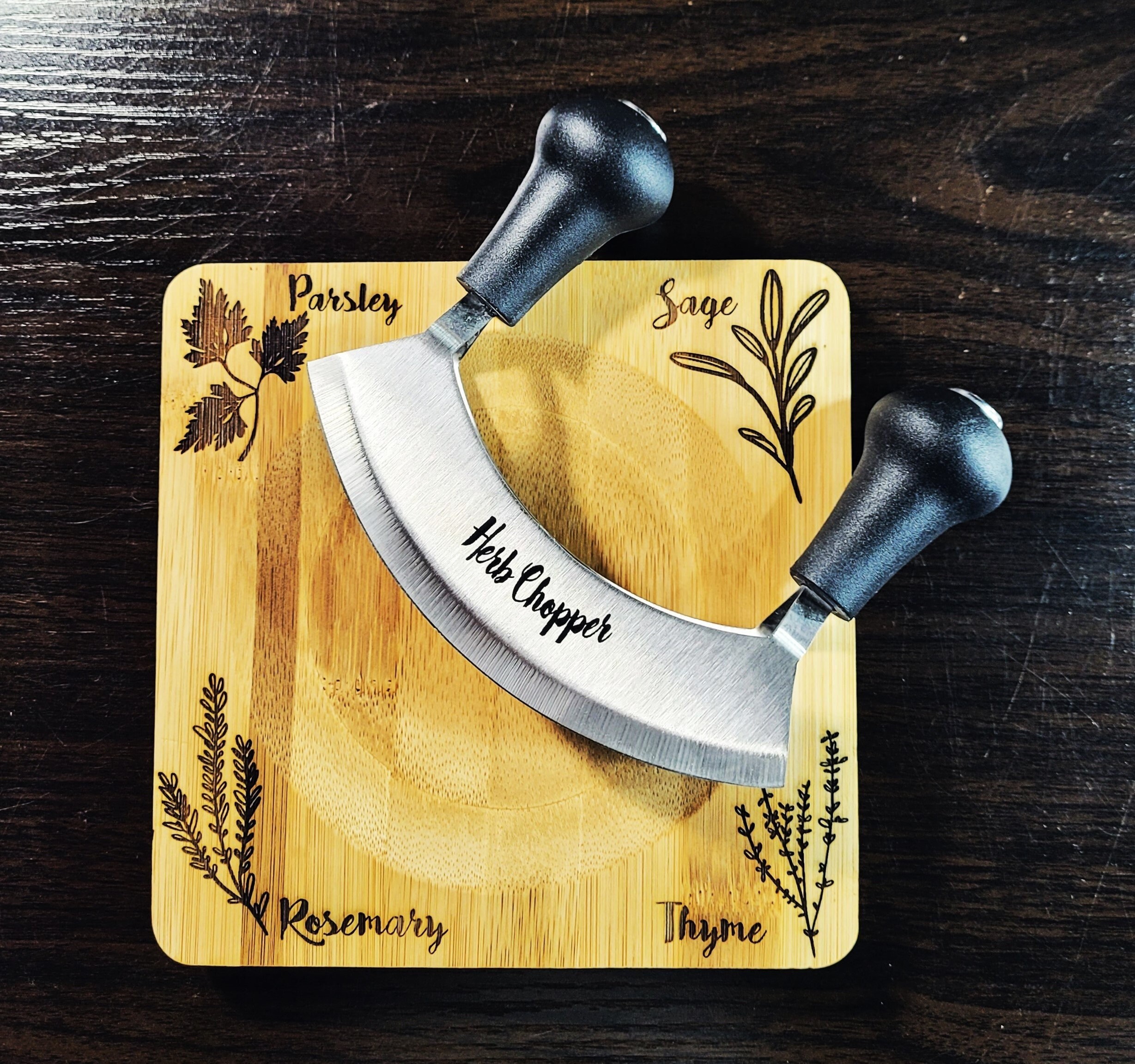 Engraved Herb Names and Chopper Natural Bamboo Chopping Board Set