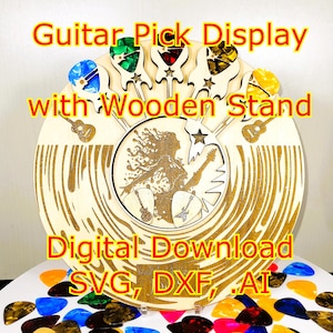 SVG Laser Cut Guitar Album Pick Display with Stand Files! 5 Rock Star Engravings! Layer Design, Guitarist Gift - Download DXF, Ai