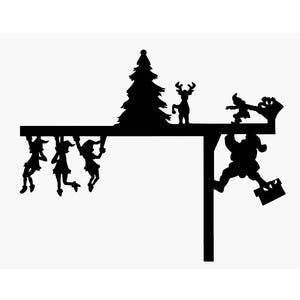 Puede incluir: Silueta negra de Papá Noel colgando de un tejado con un reno, un árbol de Navidad y tres duendes colgando del borde del tejado.