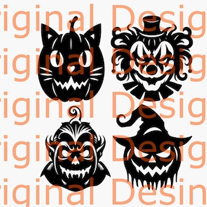 May include: Four black and white Halloween pumpkin carving stencils. The stencils are of a cat, a clown, a vampire, and a witch.