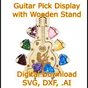 SVG Laser Cut Guitar Pick Holder Display with Stand Files! 5 Rockstar Engraving Designs! Download AI, Dxf, Png, Guitarist Music Gift