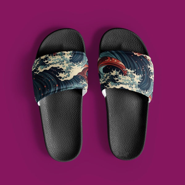 JAPANESE SLIPPERS | YEZZY Slides | Black Slippers  Soft & Comfortable High Quality Unisex The Great Waves Graphic Modern Thick Summer Slides