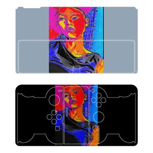 May include: Two Switch console skins. The top skin is grey with a colourful pop art portrait. The bottom skin is black with a white outline of a Switch controller and the same portrait.