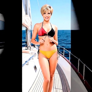 May include: A two-piece bikini set featuring a color-blocked triangle top with one red cup and one black cup, connected by a central ring detail. The matching bikini bottom is solid yellow with side tie closures, worn on a boat deck.