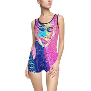 Chic Beautiful Beach Pool Swimsuit, Women&#39;s Retro Bathing Suit, Vintage Swimwear, Bold Fresh Stunning Cutting Edge Art, Summer Beachwear