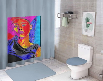 ForeverRays Bathroom 4-Piece Set, Shower Curtain, Flannel Bathmat, Toilet Seat Cover, and Toilet Foot Mat.