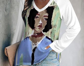 Art Print V-Neck Long Sleeve T-Shirt, Loose Fit