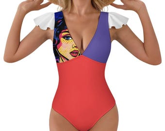 Precioso traje de baño de una pieza ForeverRays Classic con escote en V y mangas con volantes.