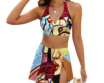 ForeverRays Zestaw kostiumu kąpielowego ze spódnicą z rozcięciem i sznurowaniem (nadruk na całej powierzchni)