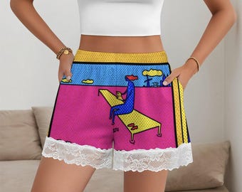 ForeverRays Damen Pyjama-Shorts mit Spitzenbesatz (All-Over-Druck)