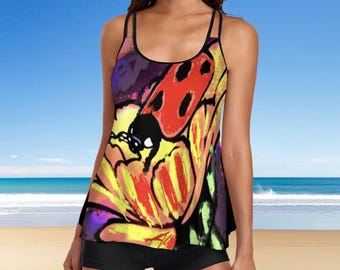 ForeverRays Sweet Ladybug Collection Tankini Two-Piece Swimsuit (All-Over Printing on the Top), Joyful Art Swimsuit, Perfect Beach Shopping