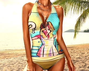 Tankini de dos piezas con cuello halter para mujer de ForeverRays (estampado integral)