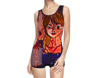 Vintage Impressionist Print Swimsuit, Retro Beachwear