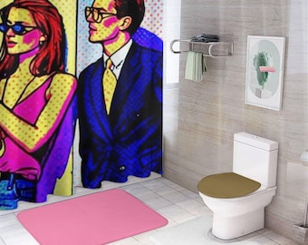 Conjunto de 4 piezas de decoración de baño estilo Pop Art de ForeverRay Design: cortina de ducha, alfombrilla de baño de franela, funda para inodoro y alfombrilla de inodoro en forma de U.