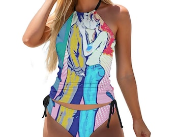 Halter Tankini Swimsuit, 2-Piece, Polyester Spandex