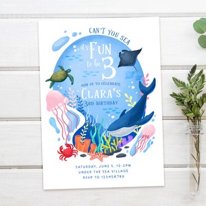 Verjaardagsuitnodiging onder zee, aquariumfeest, thema onder zee, aangepaste uitnodiging, afdrukbare verjaardagskaart, digitale download