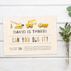 Verjaardagsuitnodiging bouwvrachtwagens, dumptruck, afdrukbare bouwtruck uitnodigen, Dig It, aangepaste uitnodiging, digitale download