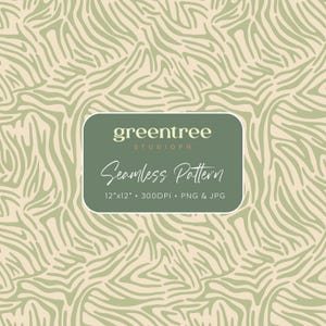 Puede incluir: Diseño de patrón sin costuras con un patrón abstracto verde claro similar a una cebra sobre un fondo crema. El diseño incluye el texto "greentree STUDIO PH" y "Seamless Pattern" con dimensiones de 30,48 cm x 30,48 cm.