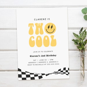 Dois convites legais de aniversário, xadrez, convite de rosto sorridente, retrô, segundo aniversário, personalizado, cartão de aniversário para impressão, download digital