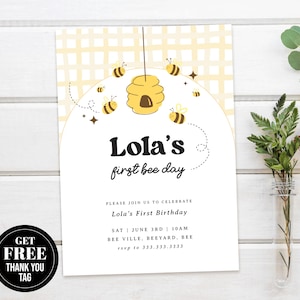Bee First Birthday Invitation, Customize Invite, Digital Download