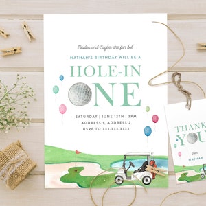 Eerste verjaardagsuitnodiging golf, digitale hole-in-one-uitnodiging, hole-in-one-feestje aangepast, afdrukbare verjaardagskaart, digitale download