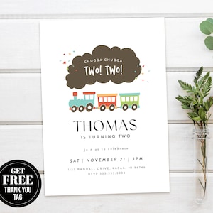 Verjaardagsuitnodiging stoomtrein, Chugga Chugga Two Two Birthday, GRATIS bedanktag, aangepaste afdrukbare verjaardagskaart, digitale download
