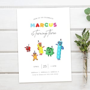 Convite de aniversário com blocos numéricos, convite colorido para festa com blocos numéricos, brinquedos de tijolos, personalizado, cartão de aniversário para impressão, download digital