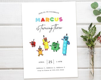 Numberblocks Birthday Invitation, Colorful Numberblocks Party Invite, Brick Toys, Customized, Printable Birthday Card, Digital Download