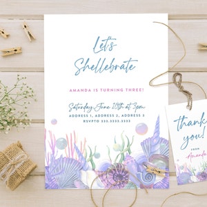 Invitación de cumpleaños con conchas marinas, Let's Shellebrate, tarjeta de cumpleaños personalizada para imprimir, descarga digital