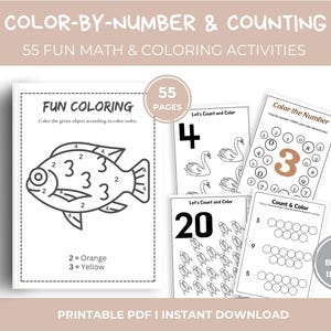 Può includere: Un PDF stampabile con attività di colorazione e conteggio per numero. La copertina presenta un contorno di pesce con numeri e il set include 55 pagine di divertenti esercizi di matematica e colorazione. Il testo recita "Colora per numero e conta".