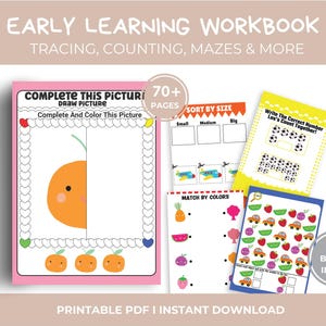 Può includere: Quaderno di lavoro per l'apprendimento precoce con tracciamento, conteggio, labirinti e altro. Include pagine per disegnare, colorare, ordinare per dimensione e abbinare i colori. Copertina rosa con attività di disegno e bonus.
