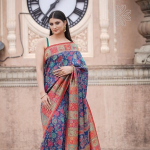 Blauer Kani Seide Saree | Pashmina Saree |  Kashmiri Sari Weben | Florales Design