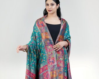 Rama Green Kani Silk Floral Dupatta with Figure | Kashmiri Dupatta | 100% Pure Kani Silk Dupatta| Summer Shawl | Wedding Wrap | Gift For Her