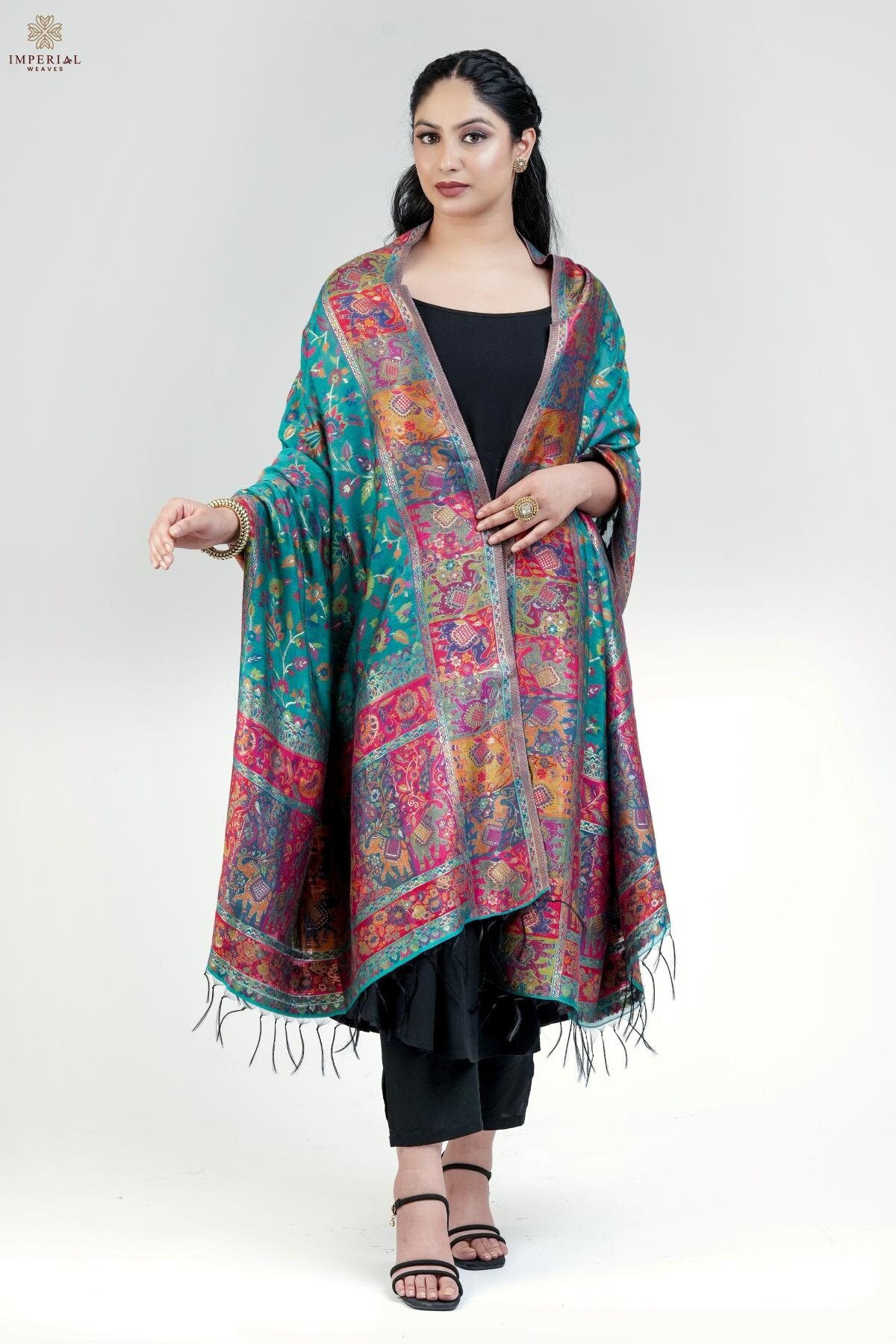 Rama Green Kani Silk Floral Dupatta with Figure | Kashmiri Dupatta | 100% Pure Kani Silk Dupatta| Summer Shawl | Wedding Wrap | Gift For Her