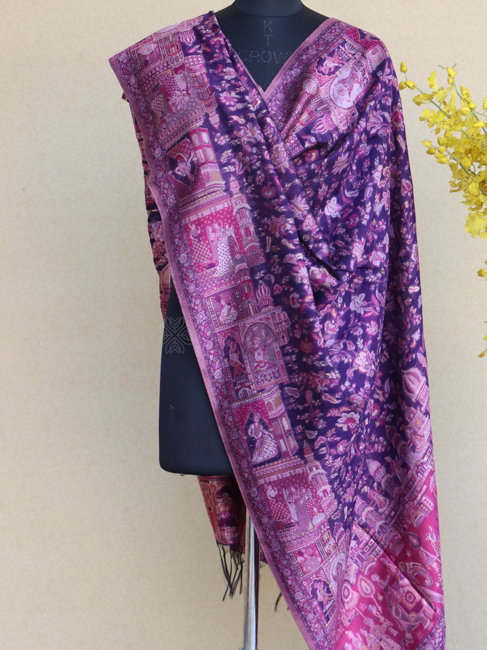 Purple Kani Silk Figure Dupatta | Kashmiri Kani Dupatta | Kani Silk Summer Shawl | Pashmina Silk Dupatta | Wedding Wrap Stole | Silk Scarf