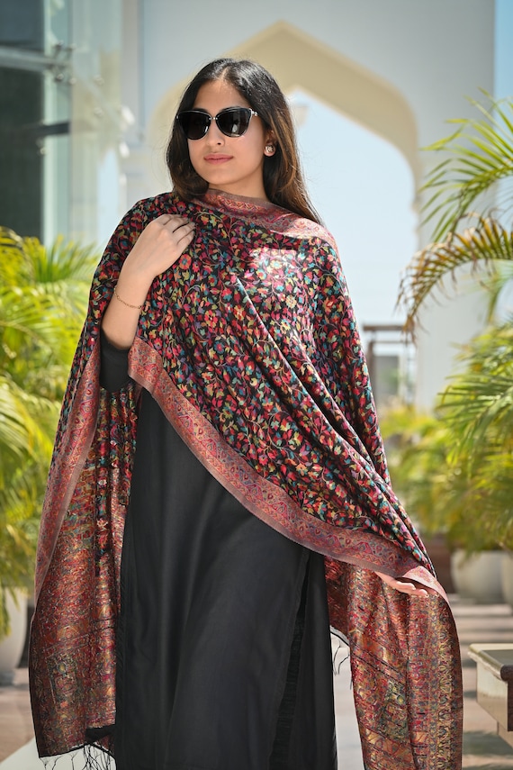 silk dupatta dress Black Kani Silk Dupatta: Kashmiri Woven Pashmina Silk Shawl