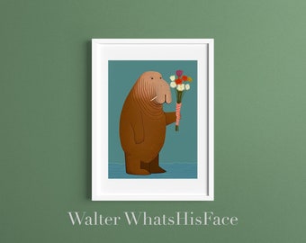 Romantic Artwork of a Walrus with Flowers for His Love | Downloadable Art Print | Digital Download | Digital Wall Art | Printable Wall Art