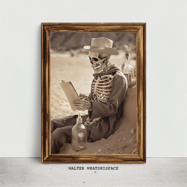 Skeleton Reading PRINTABLE Black and White Vintage Photography, Modern Art, Poster Print, Desert Wall Art, Digital Download, Dark Academia