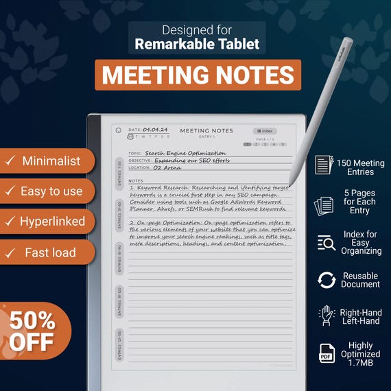 Meeting Notebook Template for Remarkable 2 and Paper Pure, Hyperlinked PDF Template